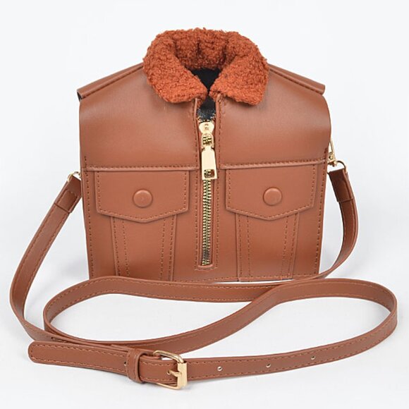 3Am Forever Handbags - Leather Jacket Shaped Crossbody Bag/ Faux Fur & Leather Coat Purse - Brown NWT